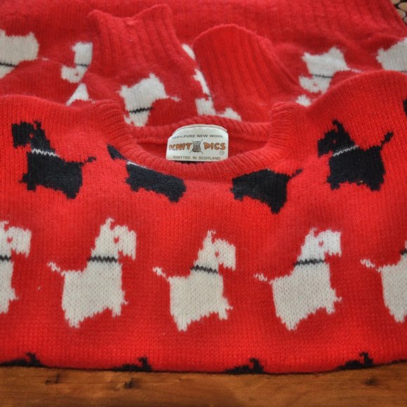 VTG KNIT PICS Scotland 100% WOOL Red Black White Scottie TERRIER DOG Sweater 38 - Picture 5 of 5